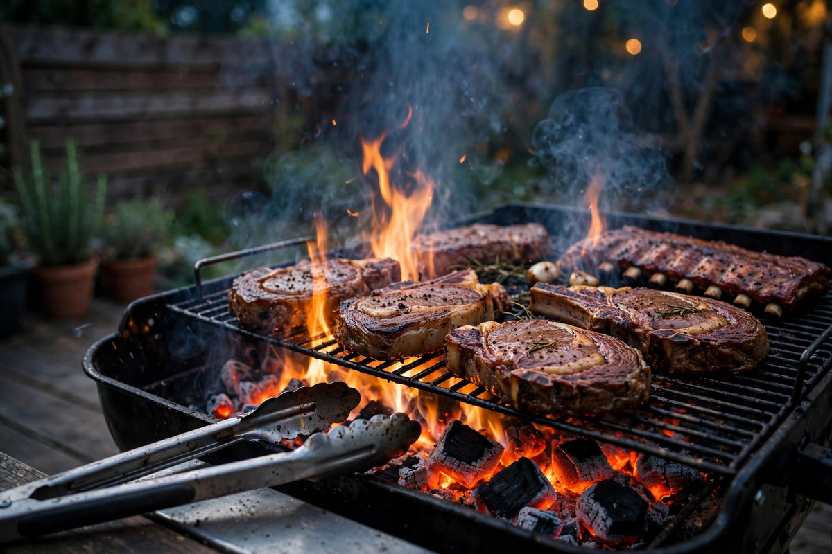 Backyard barbecue grill with flames and sizzling meat