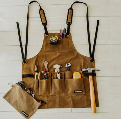 Waxed Canvas Tool Apron with Multiple Pockets